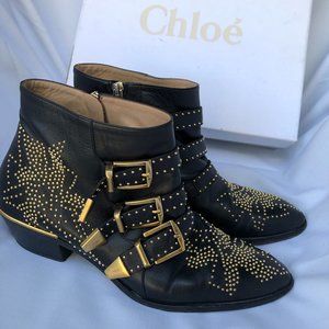 Chloe Susanna Black Leather Gold Studs Ankle Boots